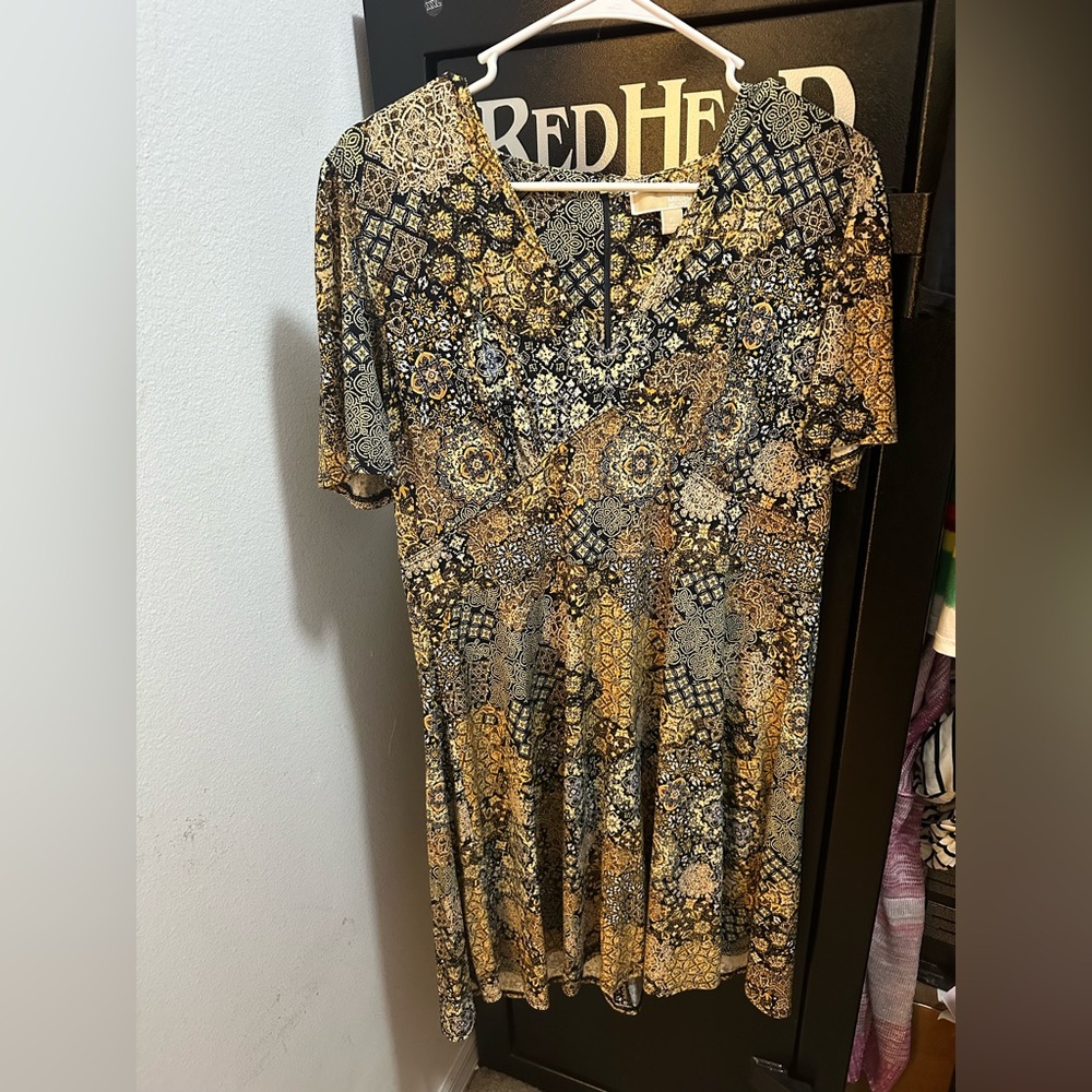 Michael Kors Black and Gold Patterned Midi Dress